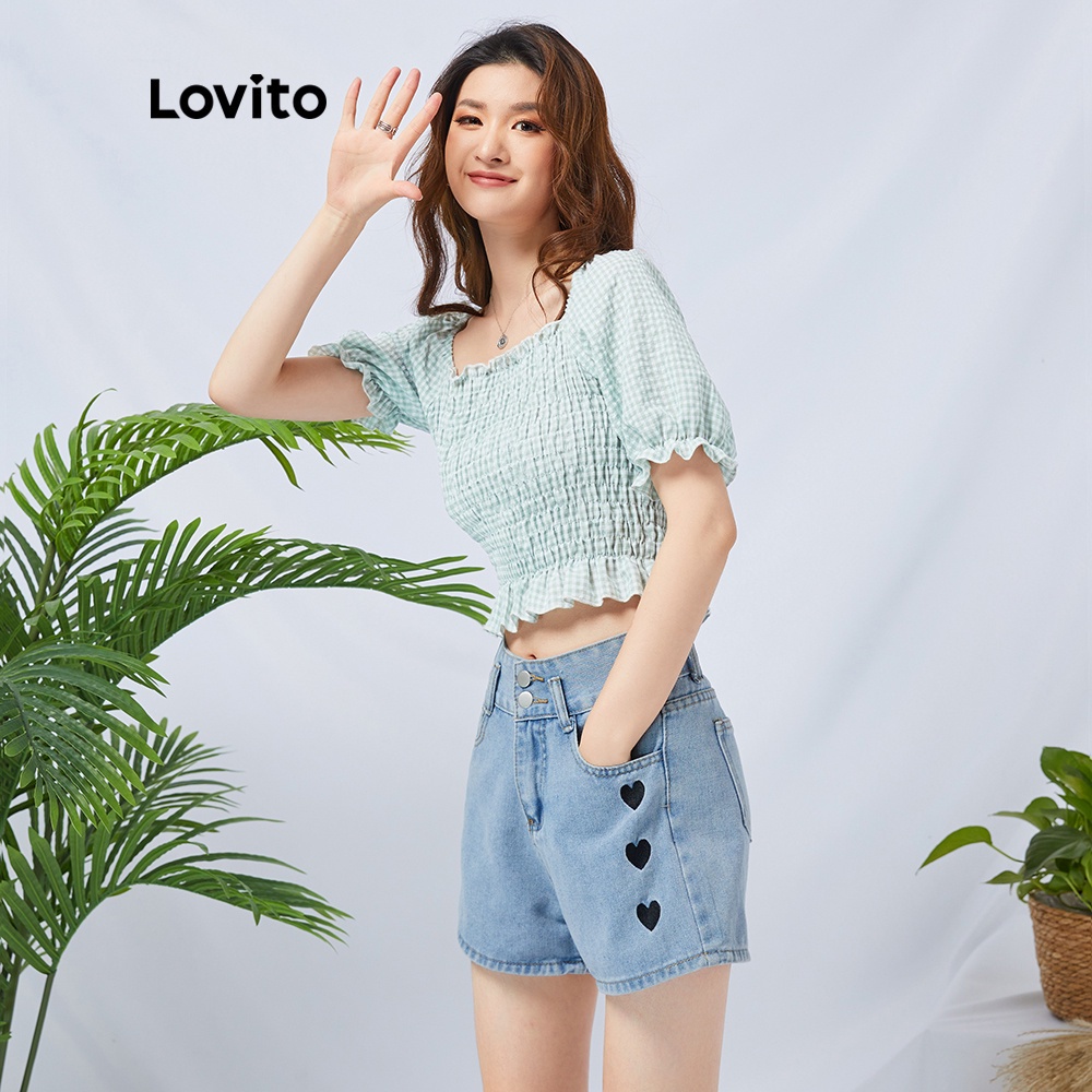 Lovito Áo kiểu cổ vuông kẻ sọc màu xanh lá dễ thương L11D27
 | BigBuy360 - bigbuy360.vn