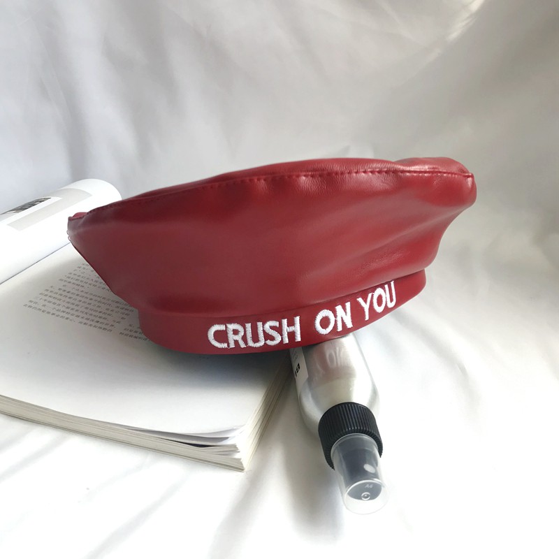Mũ Beret Da PU In Chữ Phong Cách Retro Nhật Bản Cho Nữ