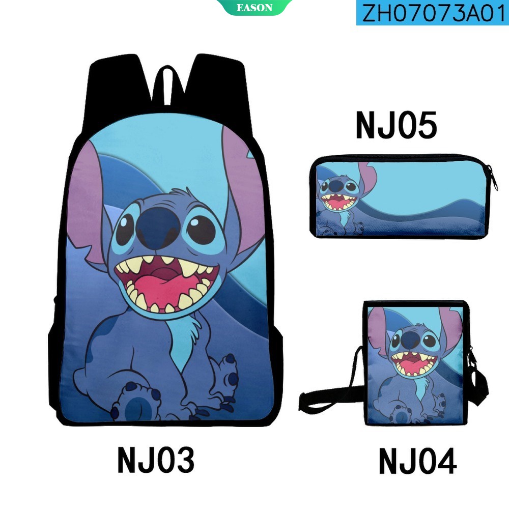 DISNEY Set 3 Món Gồm Ba Lô + Túi Đeo Vai + Bóp Viết Hình Stitch Hoạt Hình Cho Học Sinh