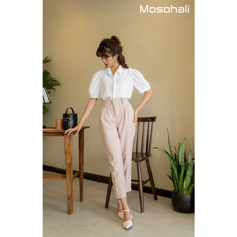 [HÀNG CÓ SẴN] Sơ mi nữ thiết kế bèo vai tay bồng trắng +  quần baggy cạp bản to thiết kế mosohali