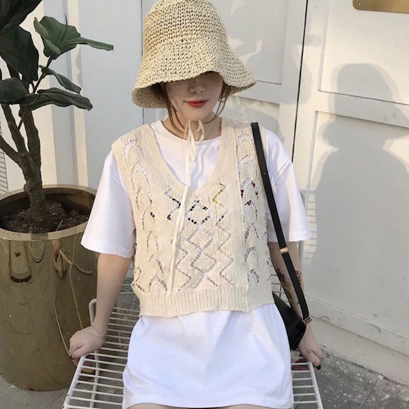 Áo Len Không Tay Cổ Chữ V Họa Tiết Hình Học Thời Trang Nữ