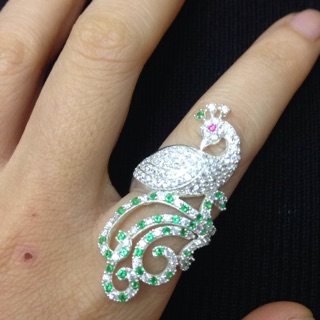 Nhẫn con công xanh lá bạc ta