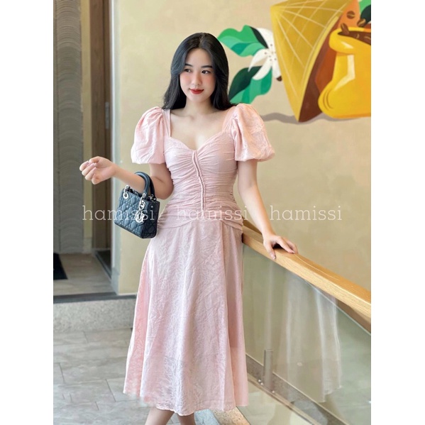 Váy voan hoa tay bồng nhún eo