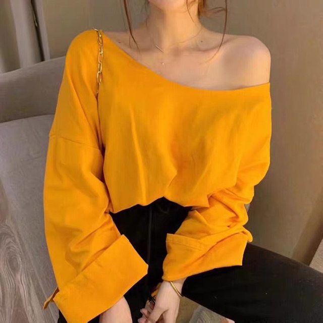 [ Order taobao] Sẵn màu xám Áo thun lệch vai tay rộng xẻ cạnh ullzang