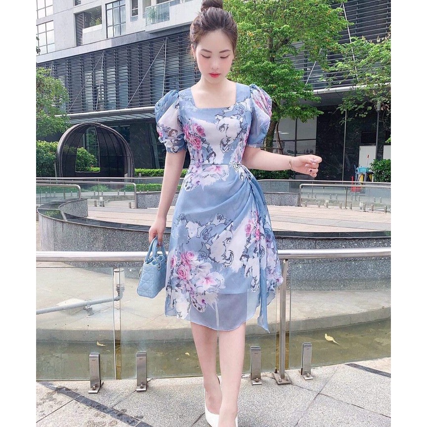Đầm Váy Thời Trang Nữ Thiết Kế Sang Chảnh Xòe Voan Hoa Tay Phồng Cổ Vuông Siêu Xinh