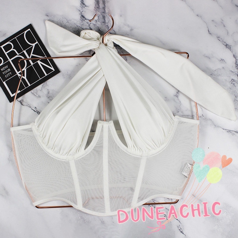DUNEA Áo croptop vải lưới dây chéo hở lưng gợi cảm thời trang dành cho nữ