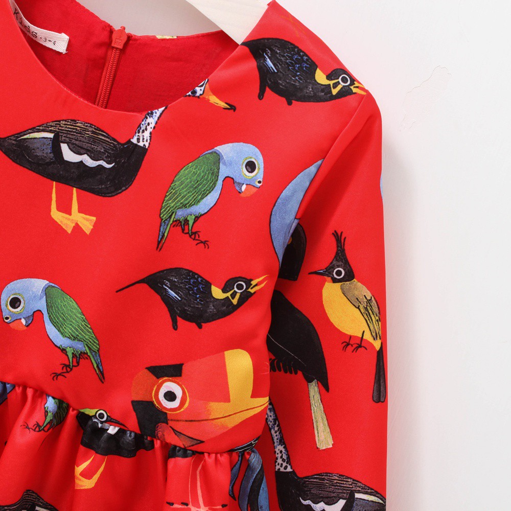 Đầm Sanlutoz Tay Dài In Họa Tiết Chim Hoạt Hình Dành Cho Bé Gái