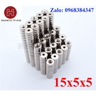 Nam châm tròn lỗ 15x5-5mm trắng đất hiếm lực hút siêu mạnh, viên nam châm tròn lỗ D15x5-5mm mạ niken, nam châm trắng chu