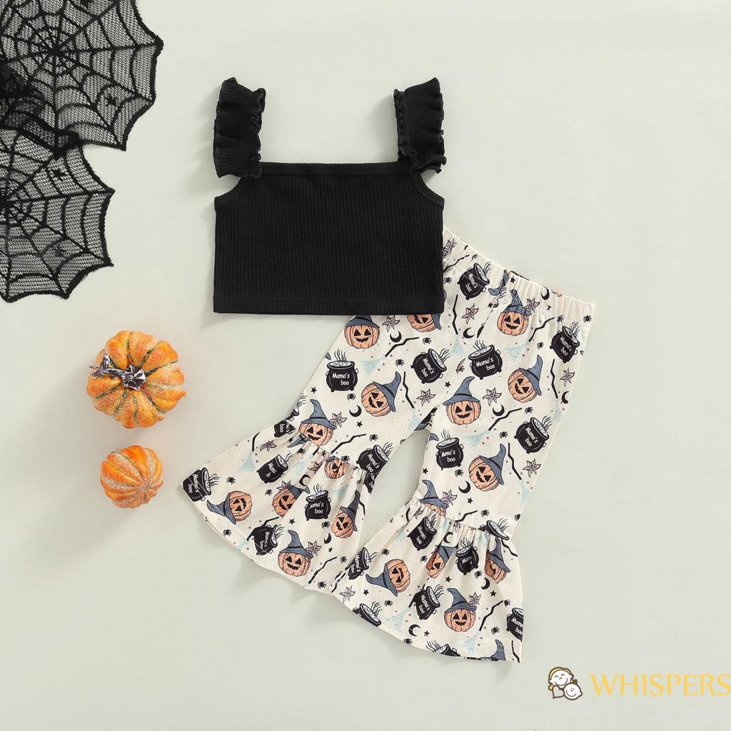 Set Đồ Halloween 2 Món Gồm Áo Sát Nách + Quần Ngắn Ống Loe In Họa Tiết Bí Ngô Cho Bé Gái 0-5 Tuổi