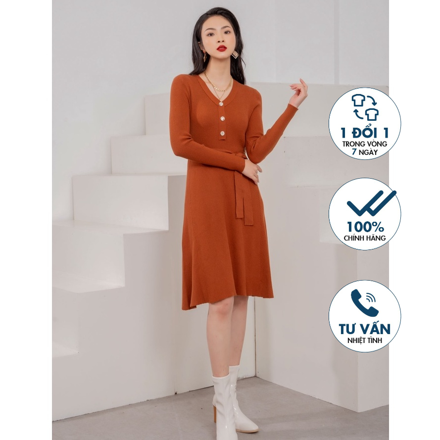 Đầm len cổ tim dáng xòe có đai Emspo DLL0015