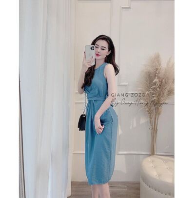 Cực xinh xắn Váy đũi sát nách cổ tròn rúm buộc dây eo #HOTTREND