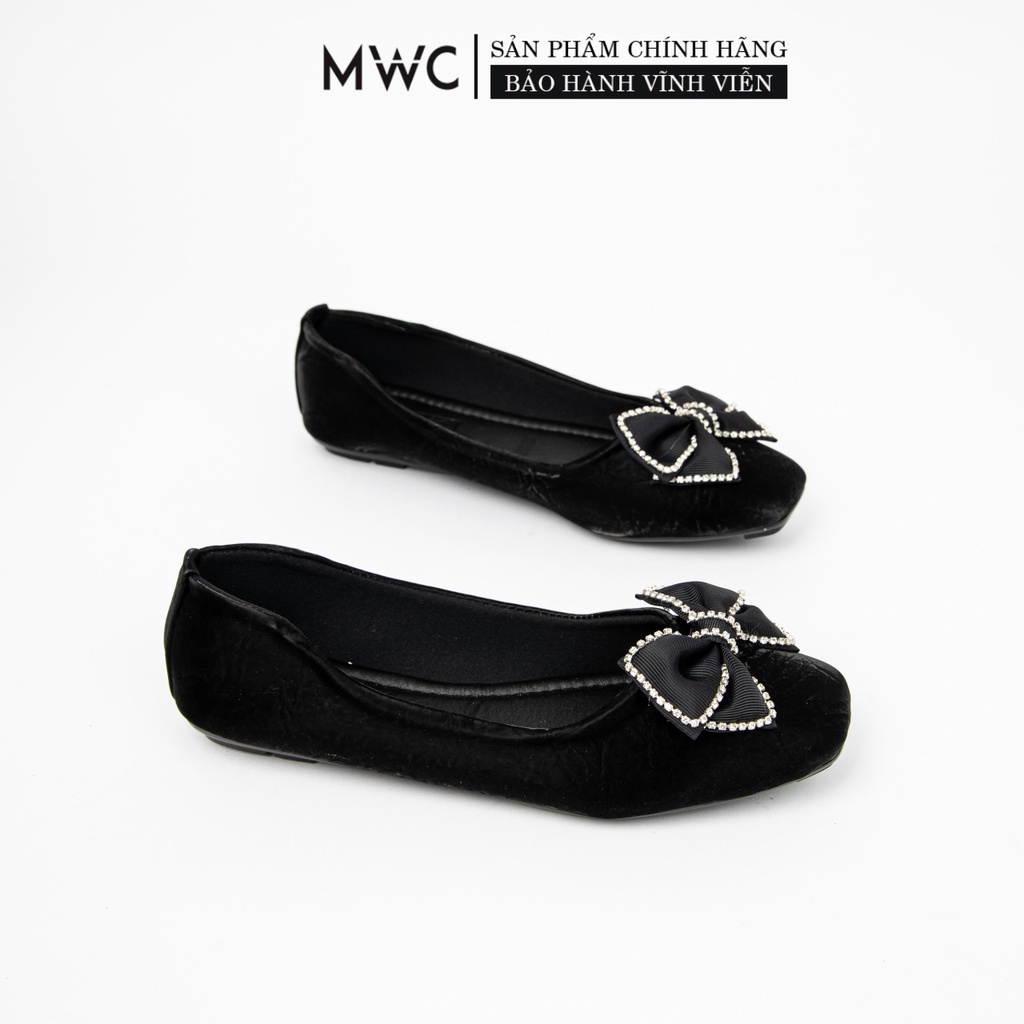 Giày Búp Bê Thời Trang MWC Mũi Vuông Thiết Kế Vải Caro Đính Nơ Xinh Xắn Thời Thượng Màu Đen Kem NUBB- 2235