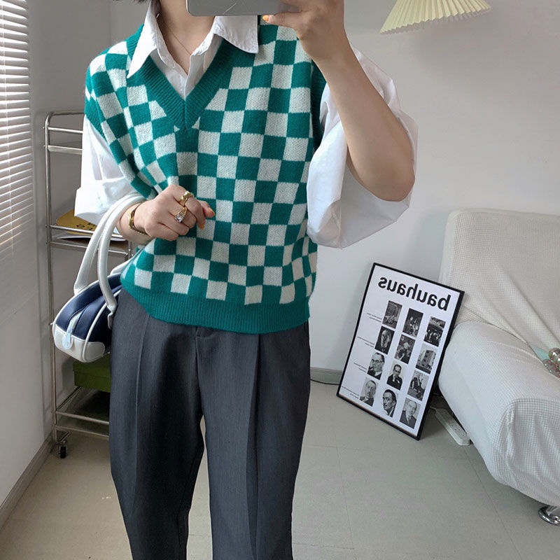 Áo khoác ghi lê họa tiết caro phong cách retro Nhật Bản