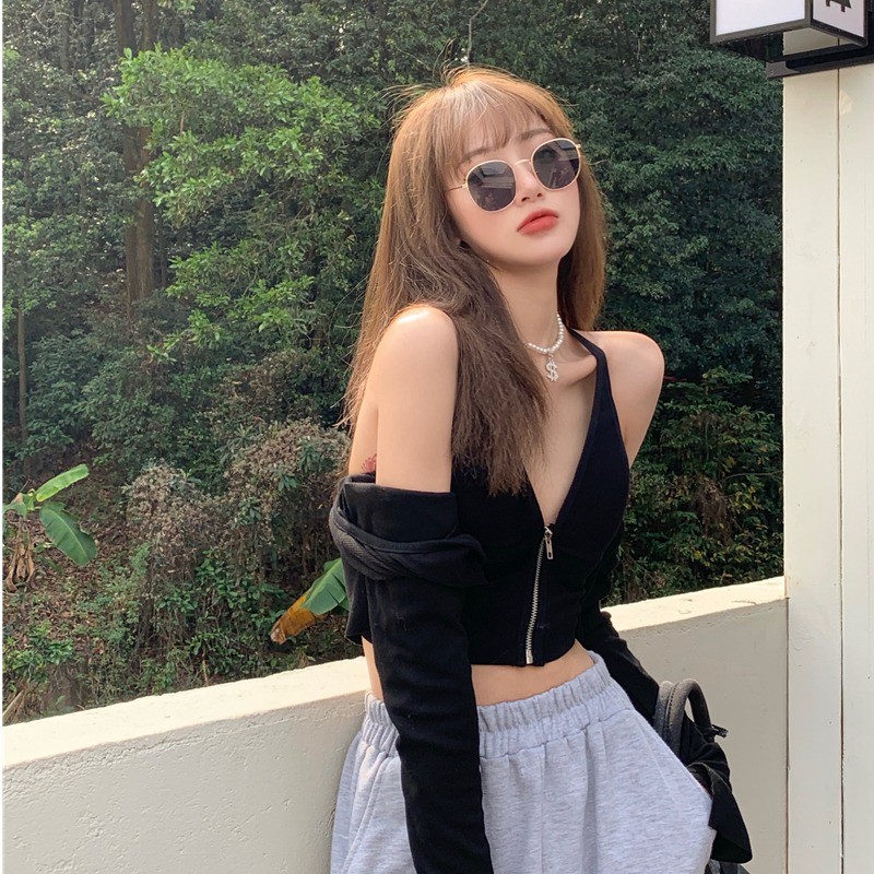 Cocory vn Áo Croptop Hai Dây Cổ Chữ V Màu Trơn Phối Khóa Kéo Quyến Rũ