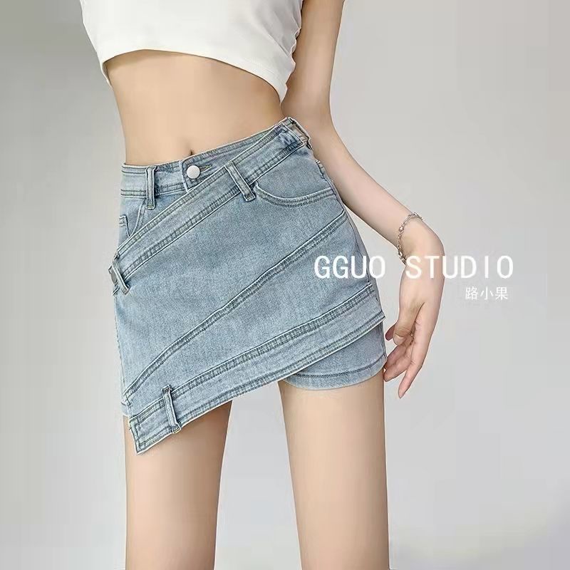 Jiashucheng Chân Váy Denim Ngắn Lưng Cao Dáng Ôm Không Đều Phong Cách Mỹ Thời Trang Mùa Hè 2022 Mới Dành Cho Bạn Nữ