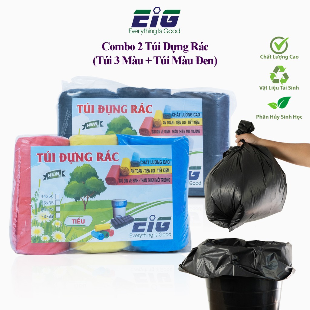 combo 2 Túi Đựng Rác Phân Hủy Sinh Học EIG (3 Màu + Màu Đen)