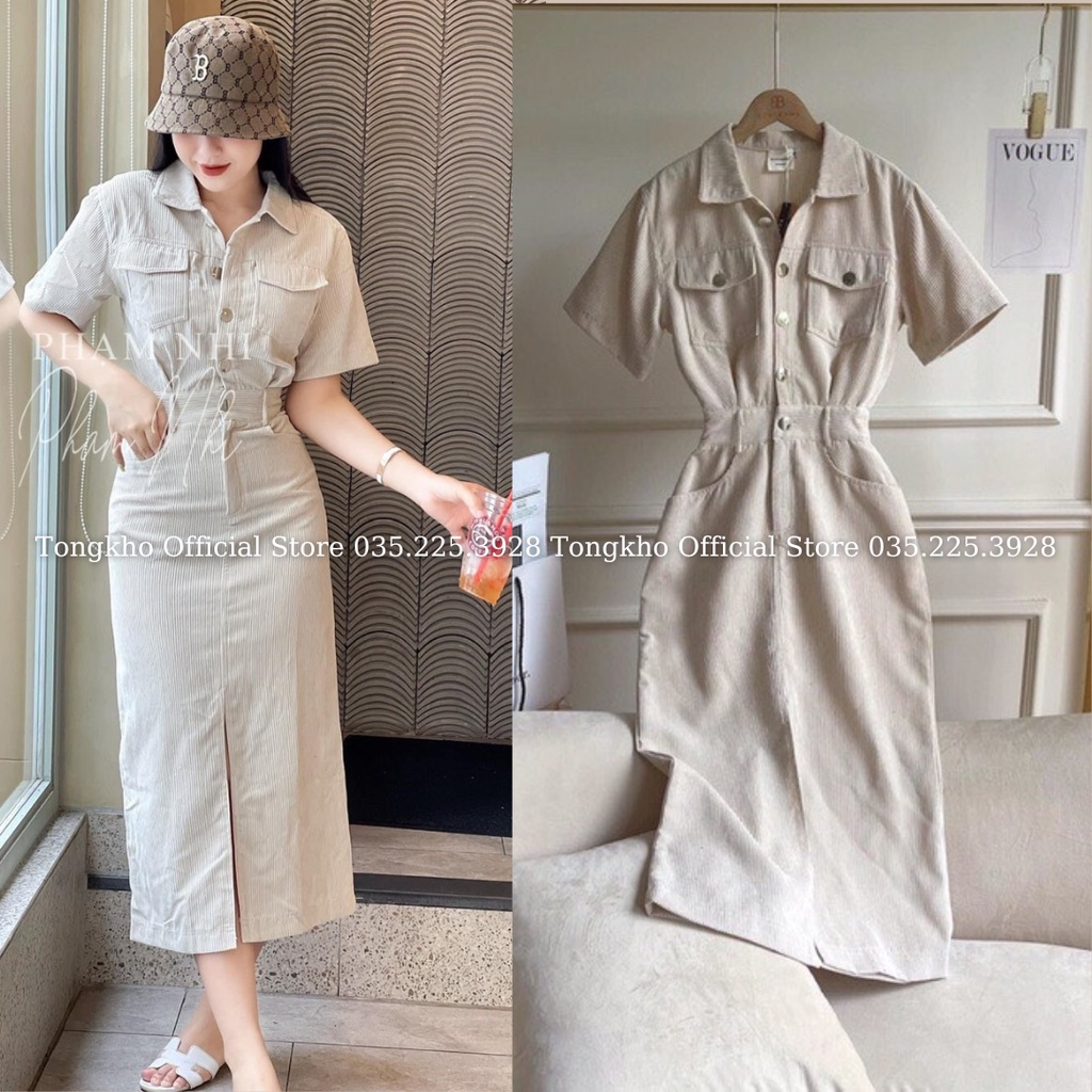 Đầm váy sơ mi nữ BIGSIZE váy sơ mi nhung tăm lì xẻ trước chun sau 552