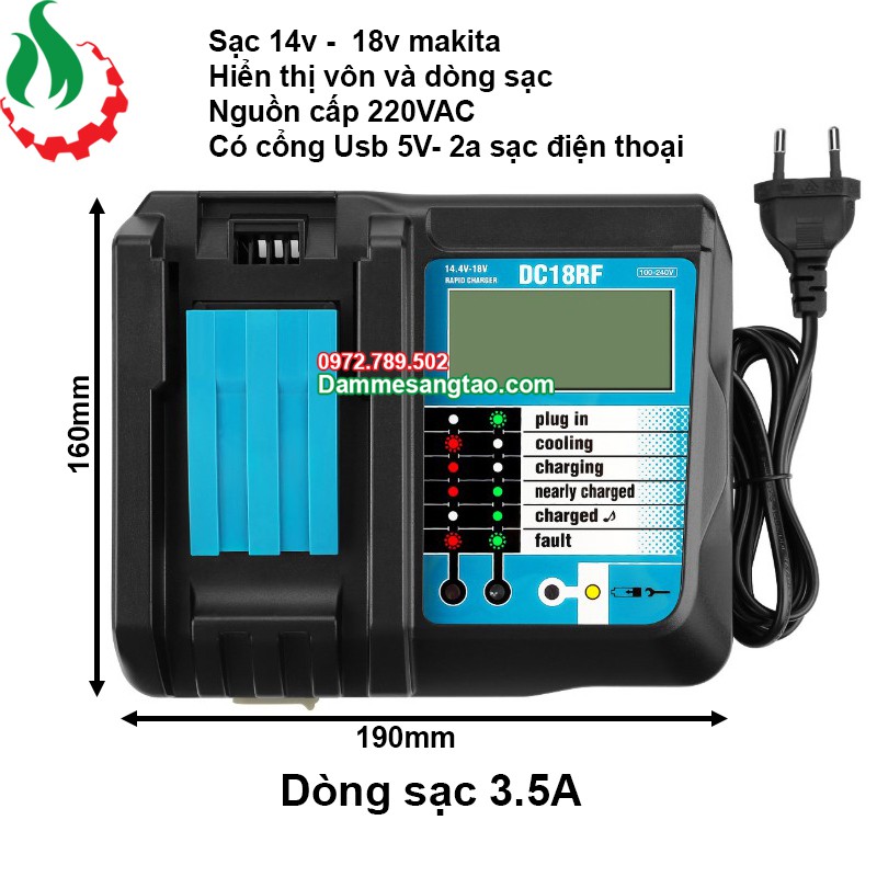 Sạc pin Makita 14V 18V DC18RF LCD có cổng USB