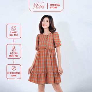 Đầm nữ dễ thương thời trang Eden dáng váy chữ a kiểu baby doll kẻ caro cổ tròn tay lỡ - D412