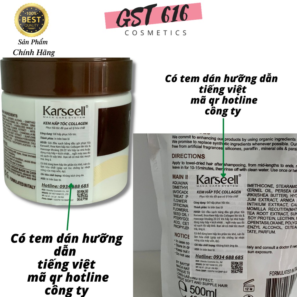 Kem hấp ủ tóc COLLAGEN KARSEELL 500ml chính hãng phục hồi tóc hư tổn khô sơ chẻ ngọn