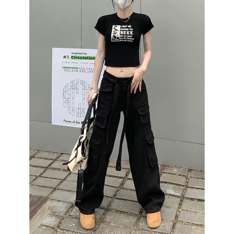 ❏Quần Yếm Jean Ống Rộng Phối Túi Phong Cách Đường Phố Mỹ Cá Tính