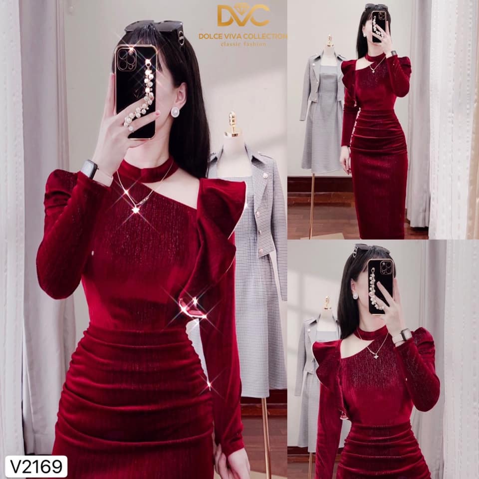 V2169 Váy body đỏ bèo vai cổ phối lưới -DVC phân phối chính thức