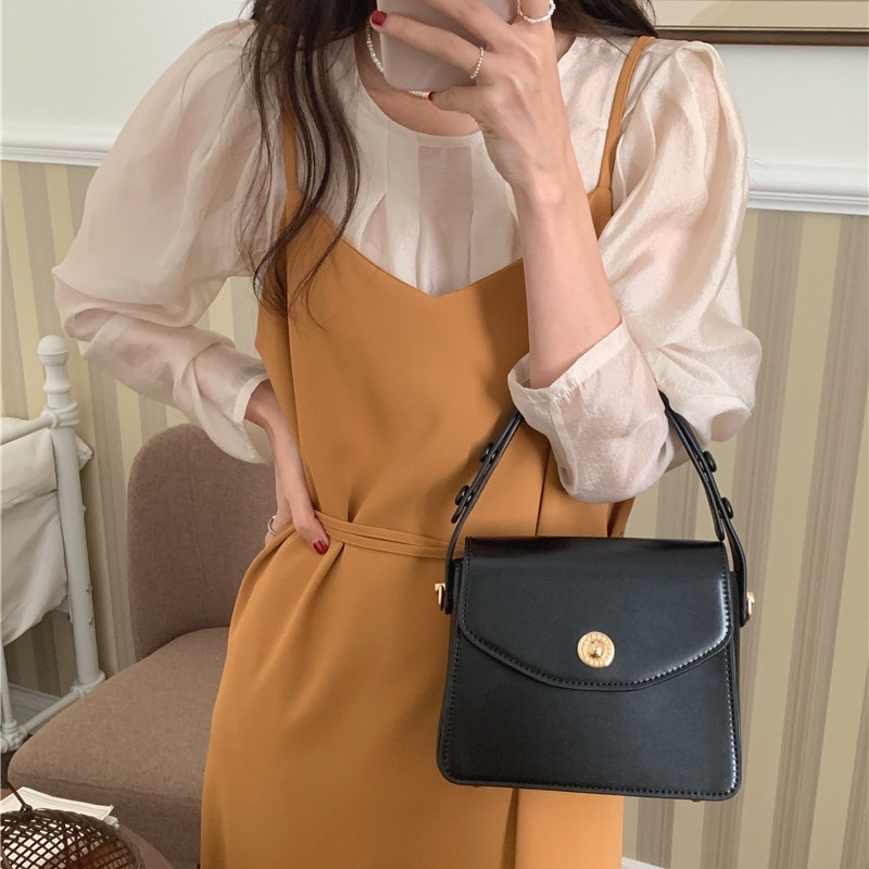 SUXI Bộ Áo Dài Tay + Đầm Hai Dây Màu Sắc Đơn Giản Phong Cách Hàn Quốc