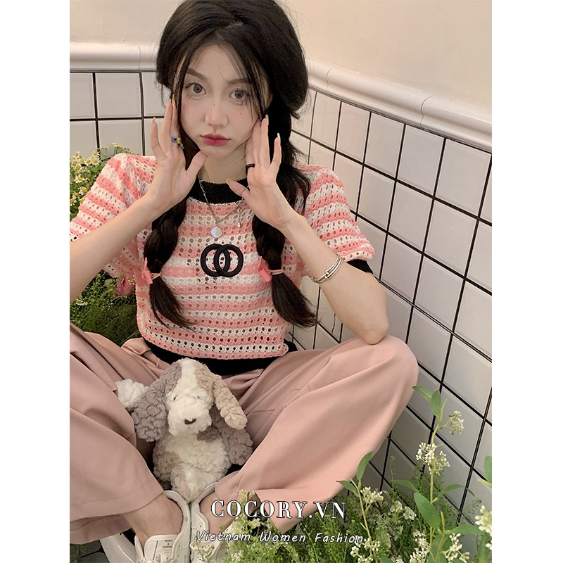 Cocory vn Áo Thun Tay Ngắn Dáng Ôm Họa Tiết Kẻ Sọc Quyến Rũ Thời Trang Mùa Hè Mới Cho Nữ