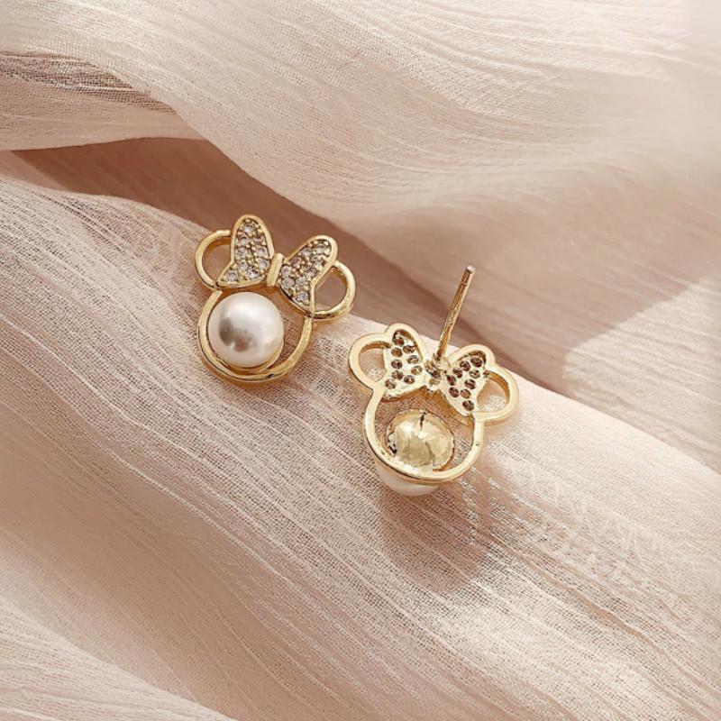 Hoa tai mạ bạc 925 hình chuột Mickey dễ thương đính ngọc trai nhân tạo phong cách Hàn Quốc