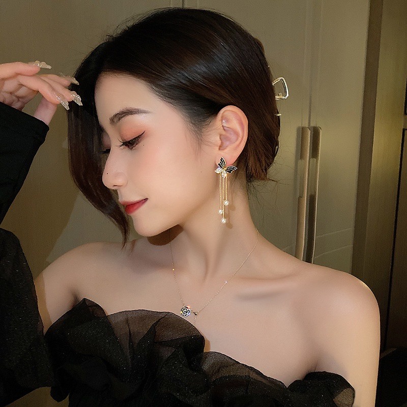 [Siêu Đẹp Y Hình] Bông Tai Mạ Bạc S925 Butterfly Đính Đá Dây Ngọc Ngọc Đơn Giản Thanh Lịch Dễ Thương Mainia Shop