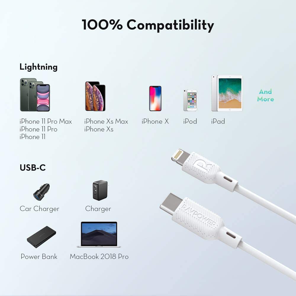 Dây Cáp Sạc Nhanh iPhone iPad Đến 20W RAVPower RP-CB054 USB Type C To Lightning Chuẩn MFI C94, Dài 1M - Hàng Chính Hãng