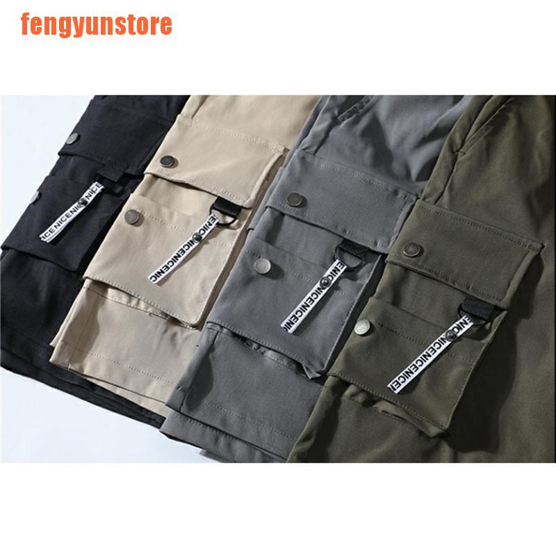 【tyu】Mens Shorts Bermuda Cargo Multi-Pocket Pants Elastic Waist Knee Length Sho