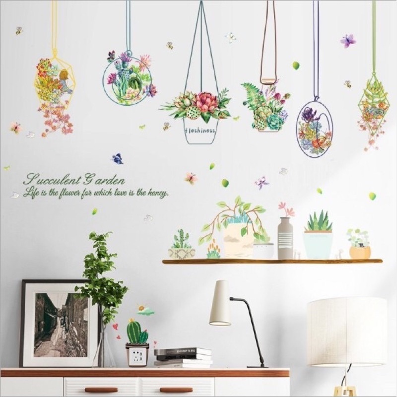 Decal dán tường giỏ hoa xinh xinh, sẵn keo dán mặt sau.