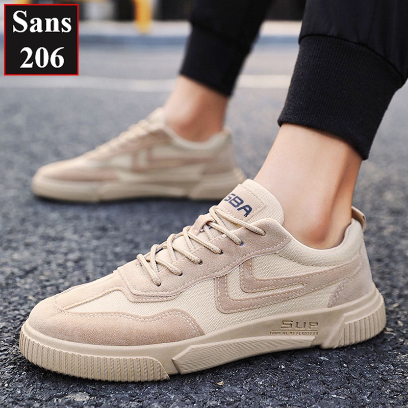 Giày sneaker nam nữ unisex Sans206 da lộn màu be đen đế bằng cột dây giầy thể thao sports