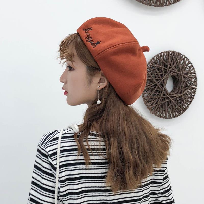 Mũ Len Beret Ladies Woolen Letters Embroidery Korean Retro Pumpkin Hat