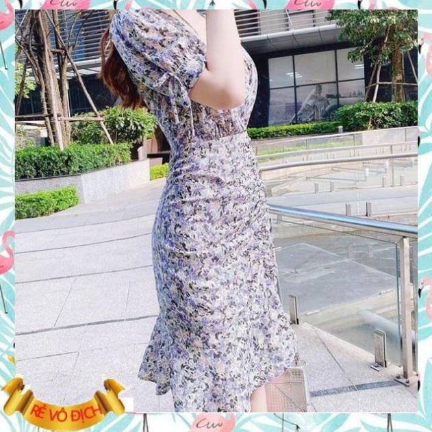 Đầm hoa tím cổ đắp chéo nhún váy đuôi cá
