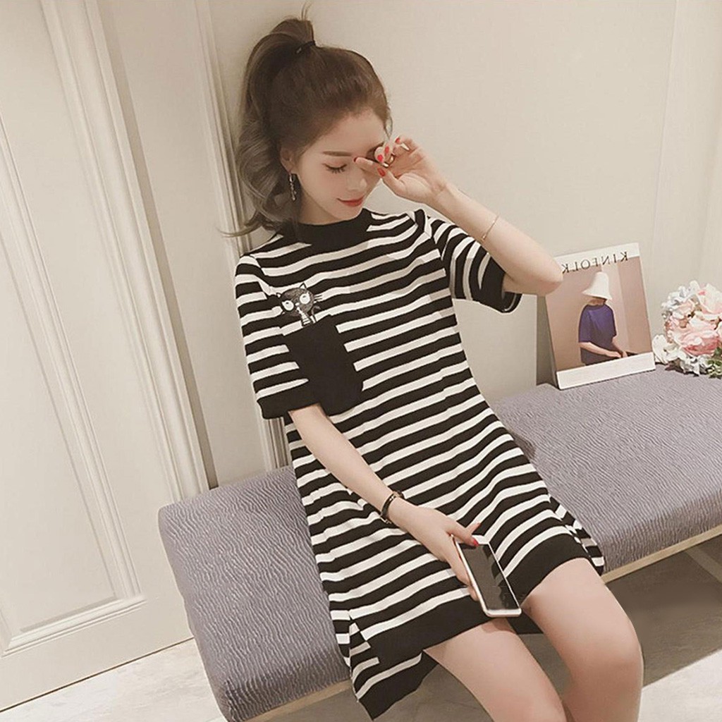 Đầm Thun Tay Ngắn Kẻ Sọc In Hình Mèo Đáng Yêu Cho Nữ | BigBuy360 - bigbuy360.vn