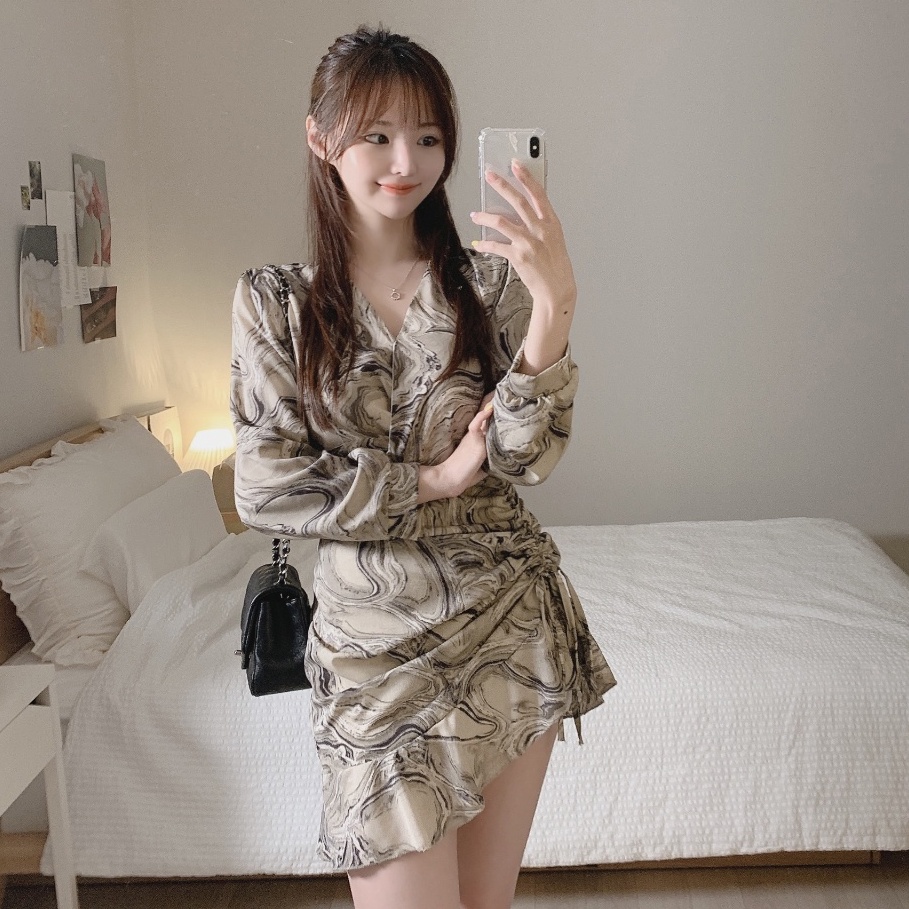 Đầm SUXI tay dài cổ chữ V thời trang Hàn Quốc