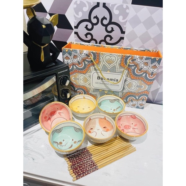 Set/Bộ 6 Bát gia đình kèm đua,bát ăn cơm hình động vật siêu ngộ nghĩnh và đáng yêu