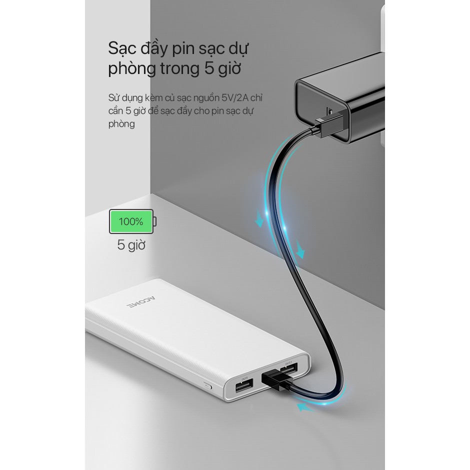 Sạc dự phòng ACOME AP103 10000mAh thiết kế nhỏ gọn 2 cổng USB và 1 cổng Micro công suất đầu ra 10.5W - Hàng Chính Hãng