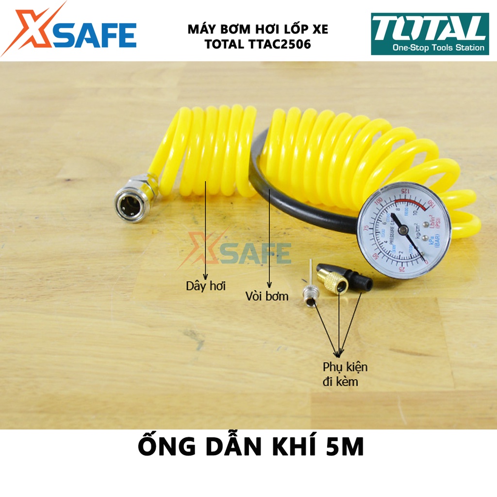 Máy bơm hơi lốp xe ô tô TOTAL TTAC2506 Máy nén khí mini áp suất tối đa 120 psi, kèm theo 3 đèn LED và pin kẹp - [XSAFE]