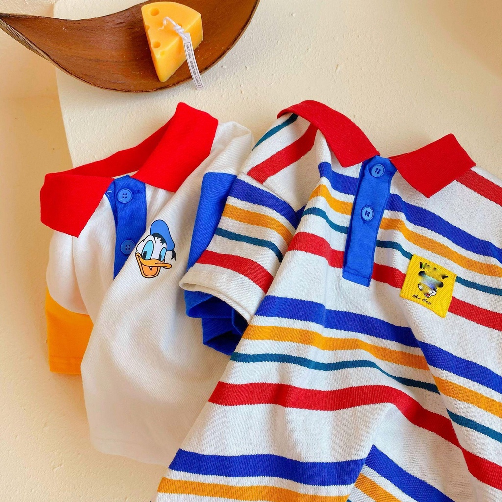 Áo thun polo cotton ngắn tay kẻ sọc họa tiết hoạt hình cho bé gái