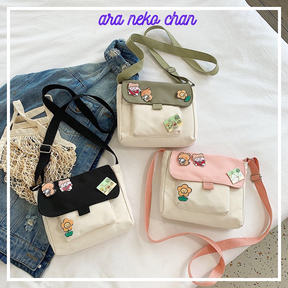 Túi đeo chéo nữ dễ thương cute đi chơi mềm mại bằng vải canvas (kèm ghim cài)