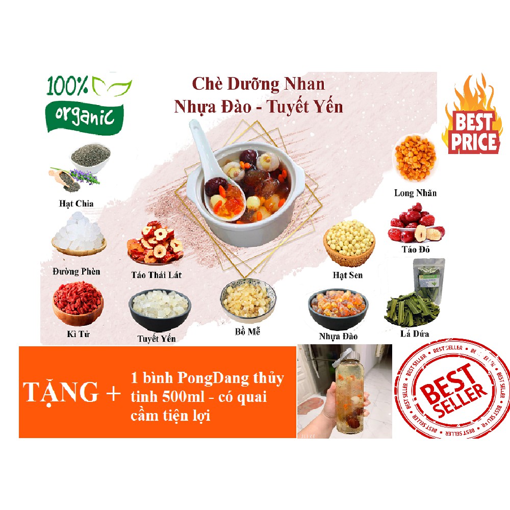 [Combo HOT] Set 10 gói nguyên liệu nấu chè dưỡng nhan tuyết yến nhựa đào 11 vị thảo dược tặng 1 bình PongDang thủy tinh