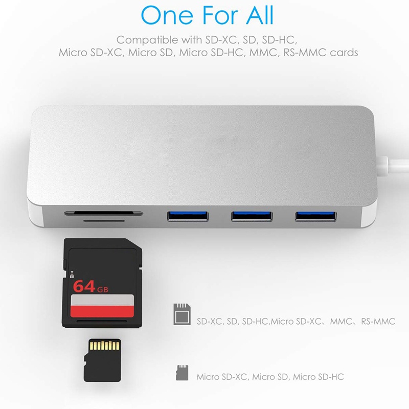 Bộ Chia Đọc Thẻ Nhớ Sd / Tf + 4 Cổng Usb 5 Trong 1 Cho Tất Cả Các Loại Usb C