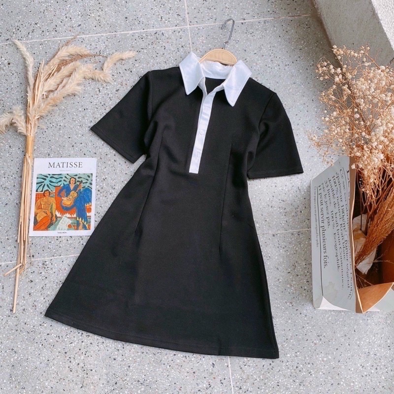 Đầm polo cổ trắng ôm body ❤️váy nữ xoè mau đen❤️ chất cotton mát mịn