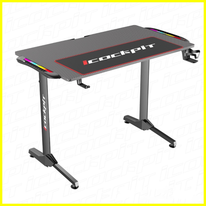 Bàn gaming cao cấp có đèn led cảm biến nhạc, bàn chơi game mặt bàn gỗ phủ sợi cacbon có giá đỡ gamepad máy tính