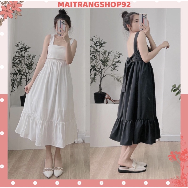 Đầm maxi dài hở lưng đi biển hot trend, Váy 2 dây bản to dáng dài màu trắng, đen đi biển đẹp Maitrangshop92 (TTA98)