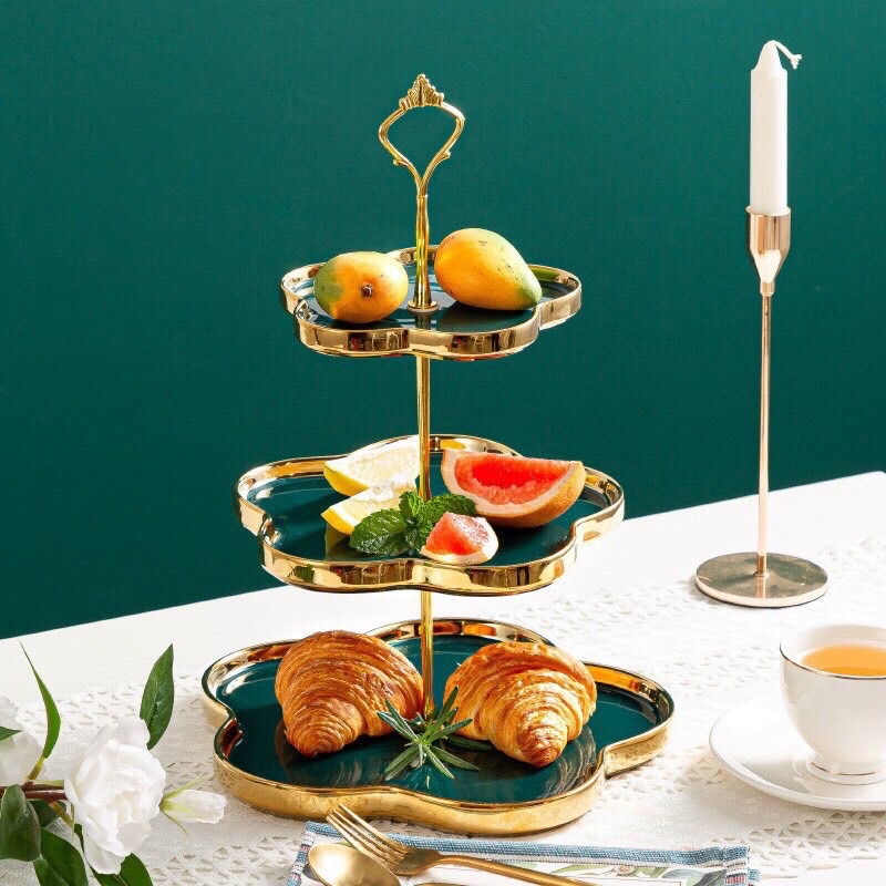 Khay bánh pancake 3 tầng theo phong cách bắc âu sang chảnh - Khay sứ 3 tầng viền vàng sang trọng (nhiều mẫu)