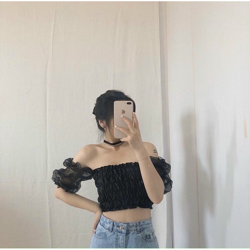 Áo ống nhúm màu phi lụa trễ vai tay đứt crt ôm dáng chất voan kiếng sang chảnh